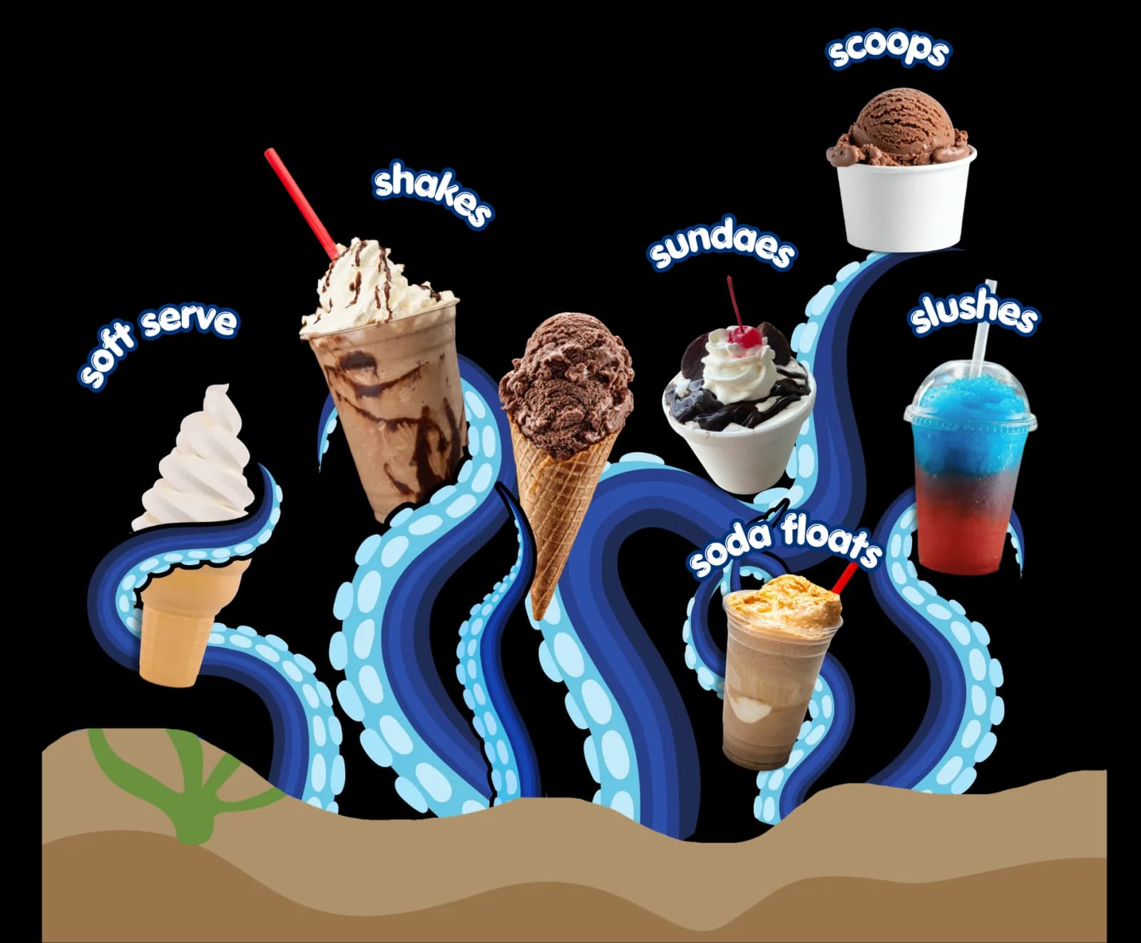 Menu categories wrapped in friendly octopus tentacles: soft serve, shakes, scoops, sundaes, slushes, and soda floats