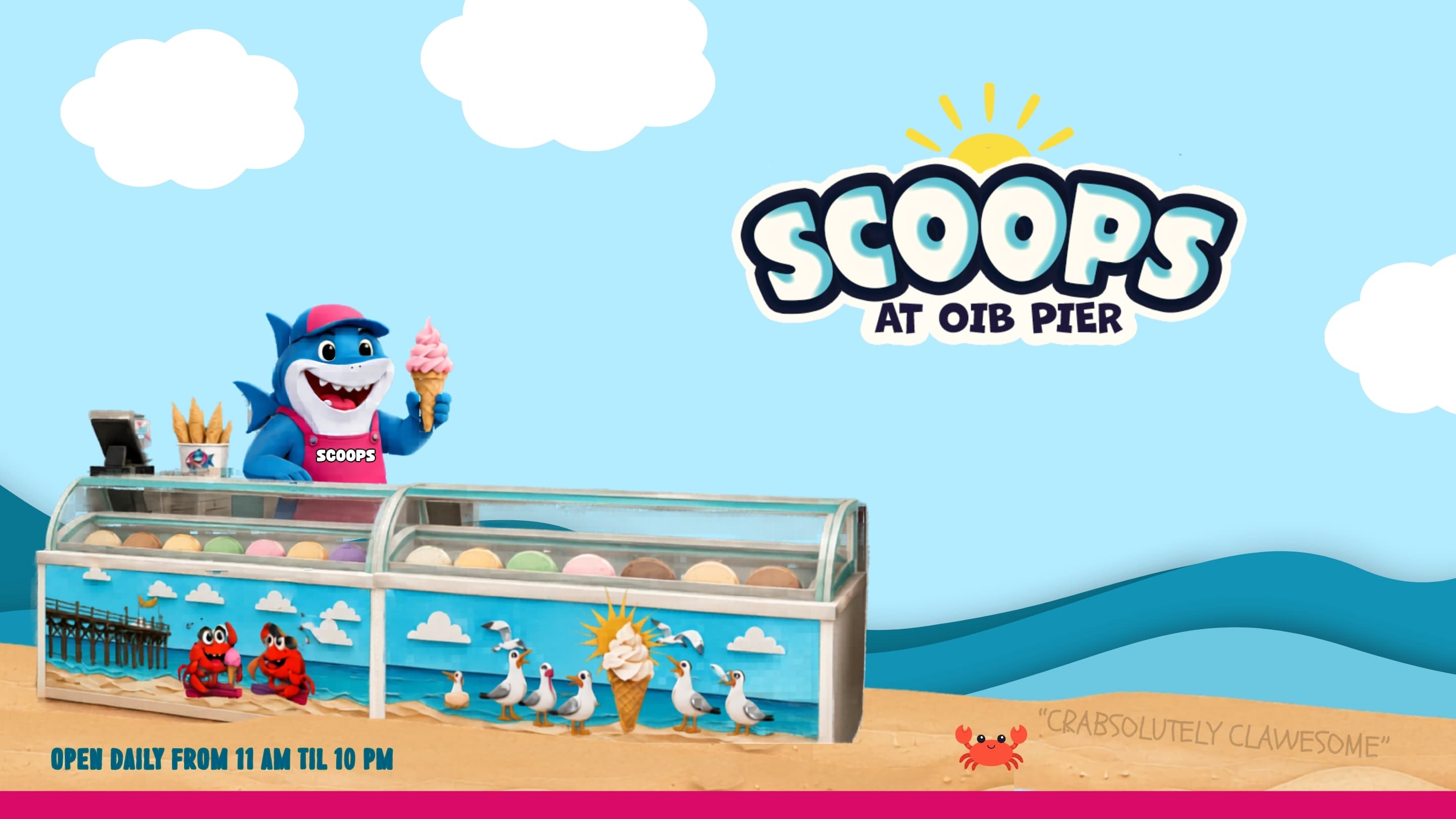 Scoops the shark serving ice cream at the counter — Scoops at OIB Pier, open daily