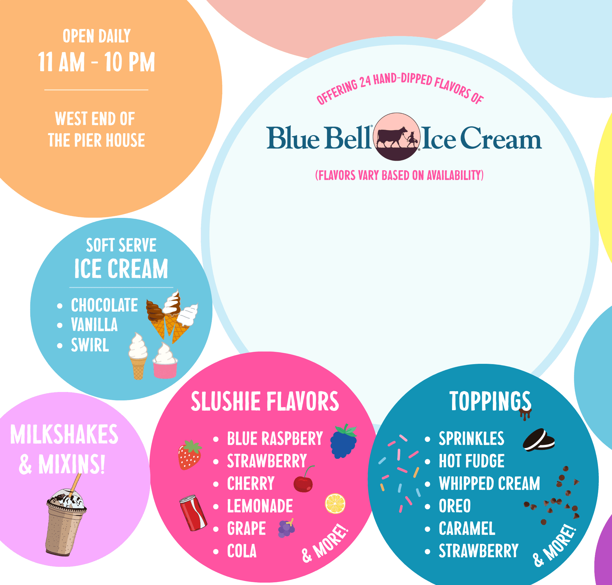 Soft serve, milkshakes, slushie flavors and toppings